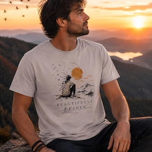 Beautifully Broken Sunrise tee | Sun, silhouette, birds, distressed script