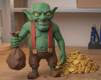 3D-geprinte goblin met stapel goud