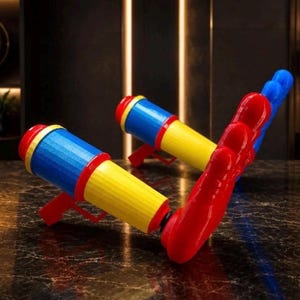 Könnte beinhalten: Zwei Spielzeug-Wasserpistolen mit einem zylindrischen blauen Lauf, einem gelben Griffbereich und einem roten Abzugsmechanismus. An der Vorderseite der Pistolen befindet sich ein roter Aufsatz in Handform. Die Spielzeuge sind aus Kunststoff.