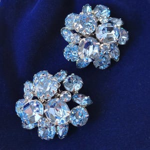 1950s Tiered Blue Rhinestone Clip Earrings, Mid Century Statement Wedding Jewelry