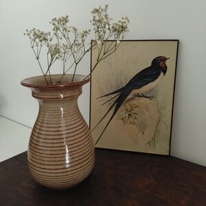 Könnte beinhalten: Eine Keramikvase mit ausgestelltem Rand und horizontalen braunen Streifen, die weiße Schleierkrautblüten enthält. Neben der Vase steht ein rechteckiger gerahmter Druck mit einer detaillierten Abbildung einer Schwalbe auf einem Felsen.