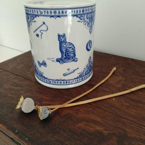 May include: A white ceramic cylindrical money box featuring blue illustrations of a cat, a cricket bat, and alphabet letters. Two dried poppy seed pods with long stems are placed in front of the container, which has a coin slot on the top lid.