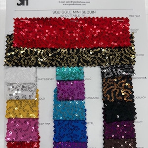May include: A fabric swatch card from Spandex House, Inc. featuring Squiggle Mini Sequin fabric in various colors including red, black, gold, white, silver, turquoise, lilac, deep pink, royal blue, purple, copper, and brown with 52-inch cuttable width.