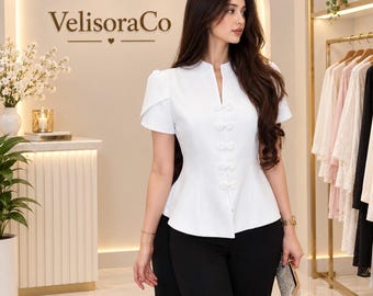 Elegant V-Neck Peplum Blouse, Pearl Frog Closure, Oriental Inspired Formal Top