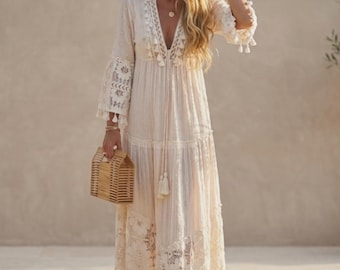 Boho Lace Tassel Maxi Dress | Crochet Floral Kaftan Gown, Beach Summer Vacation Wear