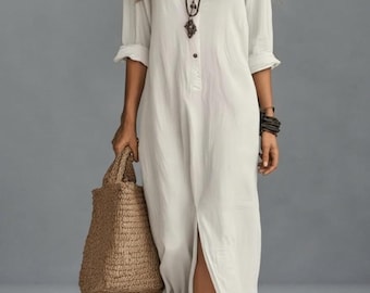 Boho Oversized Collared Maxi Dress, Long Sleeve Button Front, Side Slit Beach Dress