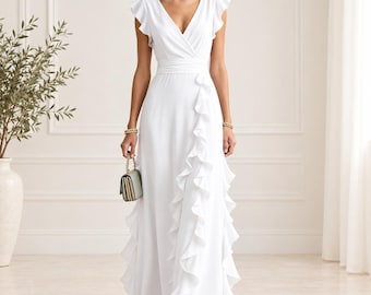 Ruffle Wrap Maxi Dress, V-Neck Cap Sleeve Evening Gown, Bridesmaid Formal Party Dress
