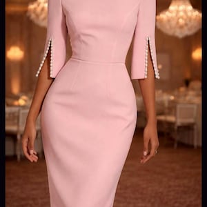 Puede incluir: Un vestido rosa claro hasta la rodilla con escote barco, cuerpo entallado y mangas tres cuartos. Cada manga tiene una abertura vertical en la parte exterior del brazo, adornada con una hilera de pequeñas perlas blancas en los bordes.