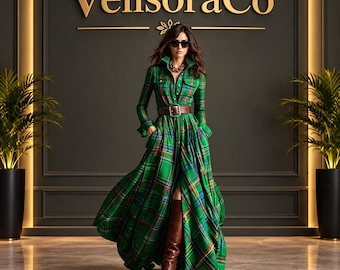 Vintage Flowy Tartan Plaid Shirt Dress with Belt and Slit, Fall Cottagecore Style