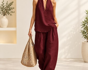 Women's V-Neck Halter Top & Wide Leg Trousers Set – Summer Co-ord
