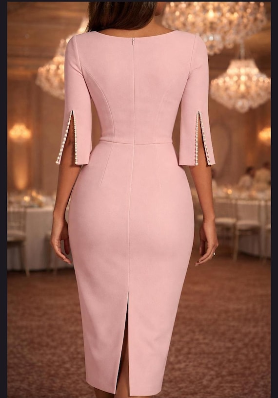 split sleeve bodycon dress Pearl Midi | Bateau Neck Sheath | Elegant Evening Wedding Guest Lace