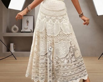 Ivory Crochet Lace Maxi Skirt, Boho Tiered Scalloped Hem, Elastic Waist A-Line (One Size)