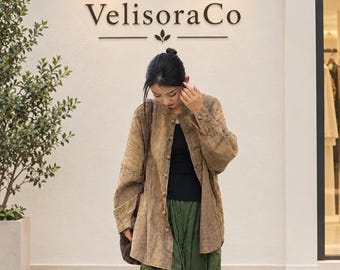 Vintage Ramie Cotton Coat, Mandarin Collar, Frog Button Cardigan (Oversized)