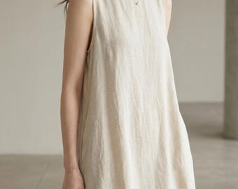 Linen Sleeveless Maxi Dress, Oatmeal Boho A-Line, Pockets, Summer Beach Flowy Sundress
