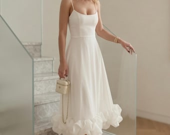 Ruffled Bubble Hem Midi Dress, Spaghetti Strap A-Line Formal Gown