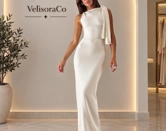 One Shoulder Draped Bow Maxi Dress, Mermaid Evening Gown, Formal Party Wear