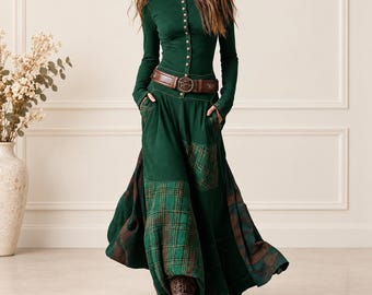 Patchwork Plaid Maxi Dress, Western Prairie Style, Snap Button, Belted Skirt (Fall Winter)