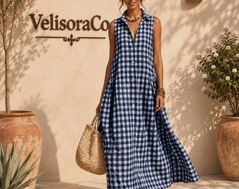 Gingham Maxi Dress, Sleeveless Button Front, Flowy Summer Vacation Style