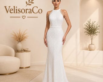 White Beaded Mermaid Evening Dress, Halter Neckline, Floor-Length Gown
