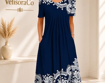 Women's Floral Print Midi Dress, Short Sleeve, Pockets, Loose Fit Summer Dress