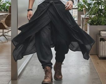 Men's Tiered Wrap Harem Pants, Ninja-Style Boho Joggers, Festival Ruffle Trousers