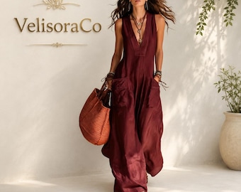 Boho V-Neck Maxi Dress, Flowy Summer Vacation Dress with Pockets
