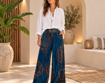 Boho Teal Paisley Palazzo Pants, Flowy Wide Leg Festival Wear