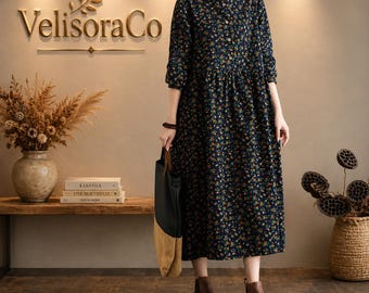 Floral Cotton Linen Midi Dress, Ruffle Collar, Loose Fit, Pockets (Fall Style)