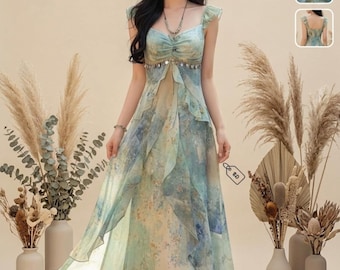 Watercolor Floral Chiffon Maxi Dress, Boho Ruffle Fairy Gown