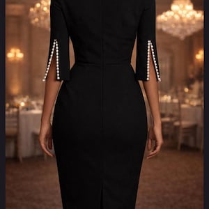 Pearl Split Sleeve Midi Dress | Bateau Neck Bodycon Sheath | Elegant Evening Wedding Guest image 6