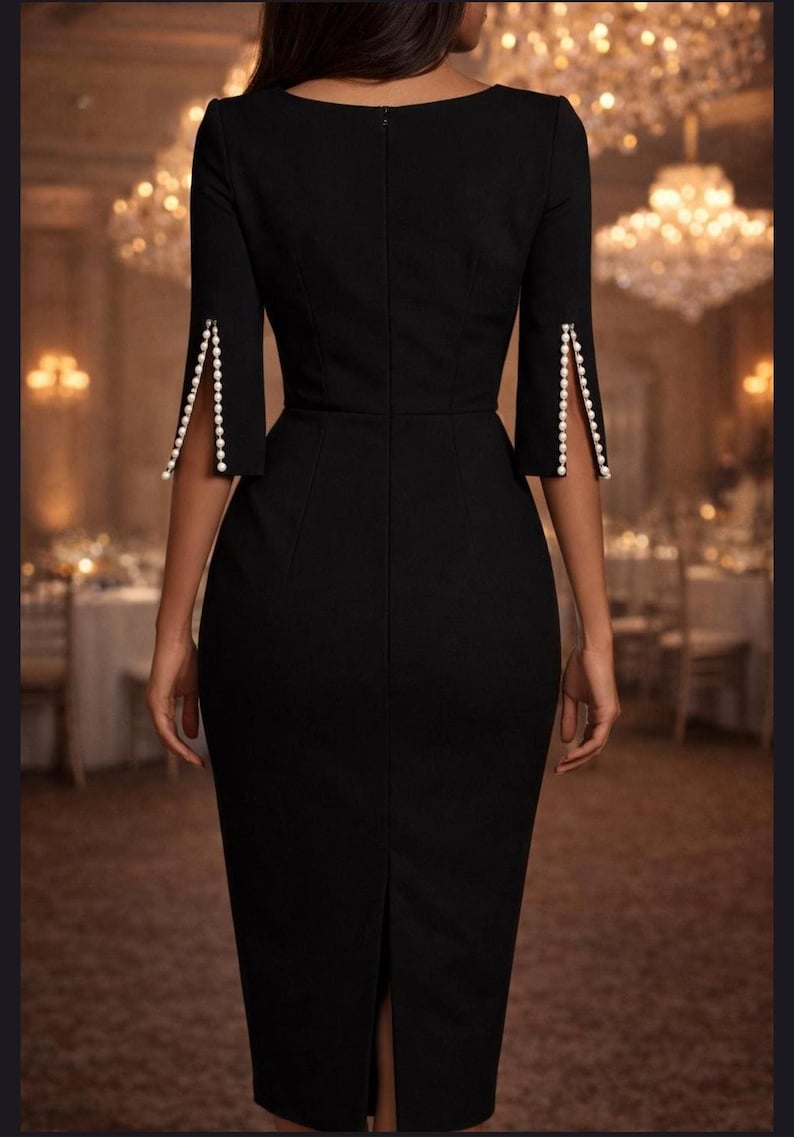 Pearl Split Sleeve Midi Dress | Bateau Neck Bodycon Sheath | Elegant Evening Wedding Guest image 6