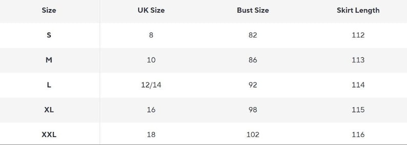 May include: A size chart table with black text on a white background. Columns are labeled Size, UK Size, Bust Size, and Skirt Length. Rows list sizes S, M, L, XL, and XXL with corresponding numerical values for UK size, bust size, and skirt length measurements.