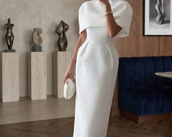 Elegant White Cape Midi Dress, Structured Silhouette, Formal Evening Outfit
