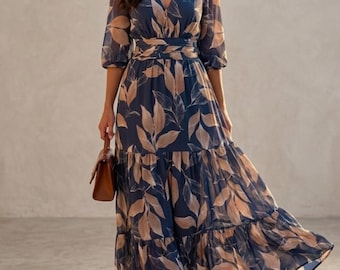 Boho Leaf Print Maxi Dress | V-Neck Tiered Chiffon Wrap, 3/4 Sleeve Summer Wedding Guest
