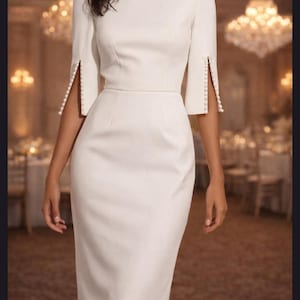May include: A white knee-length sheath dress featuring a boat neckline and elbow-length sleeves. The sleeves have a vertical slit detail along the outer arm, accented with a row of small white buttons running along the edges of the opening.