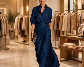 May include: A dark blue long-sleeved button-down shirt and a matching floor-length wrap skirt with a textured, crinkled fabric finish. The outfit features a collared neckline, cuffed sleeves, and a high side slit on the skirt.