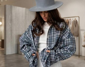 Oversized Plaid Flannel Shirt, Boyfriend Fit, Cozy Fall Winter Blouse