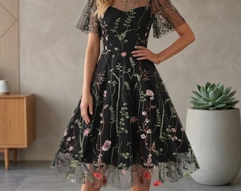 Floral Embroidered Tulle Midi Dress | Sheer Flutter Sleeve A-Line | Botanical Garden Party Wedding Guest