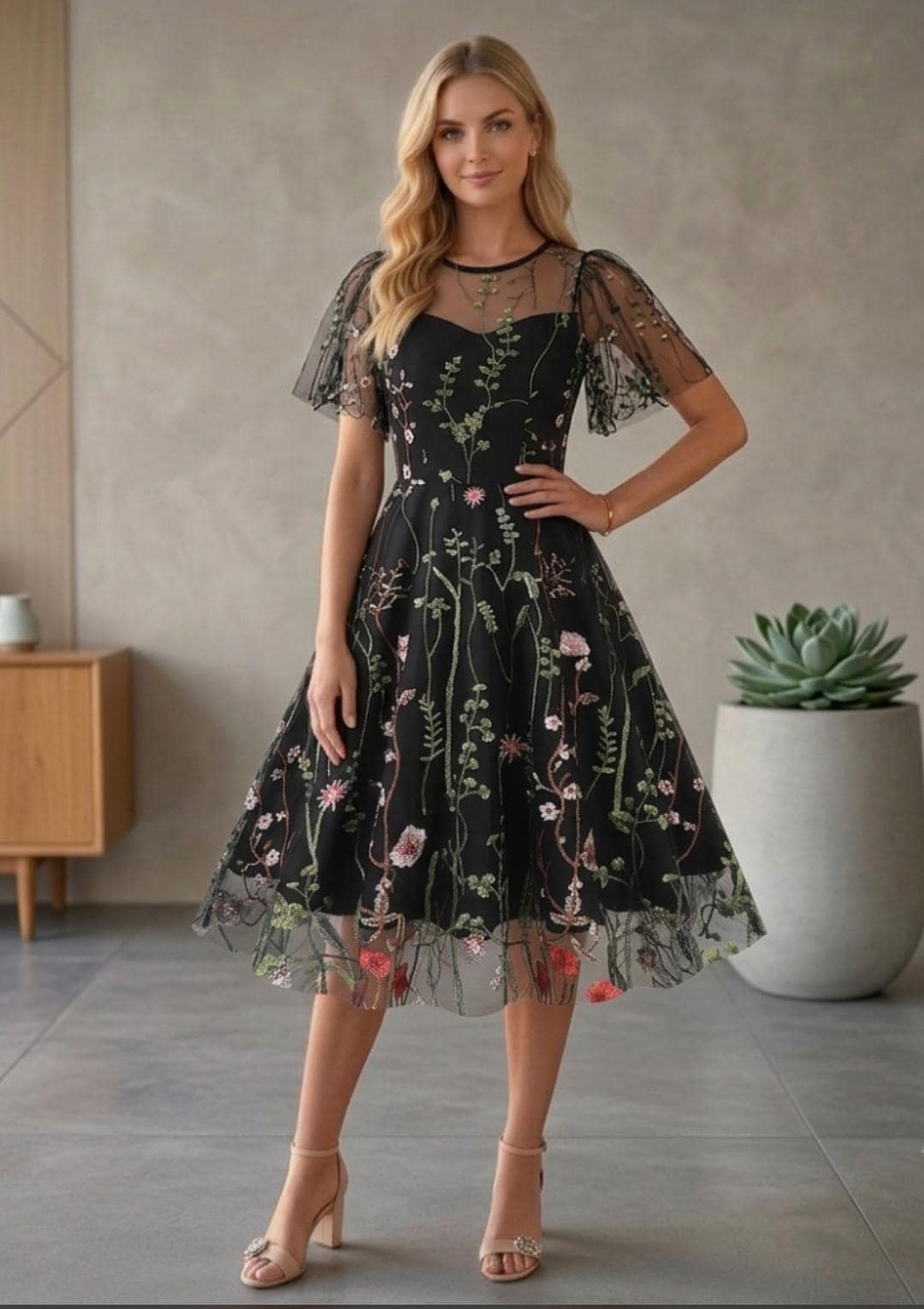 Floral Embroidered Tulle Midi Dress