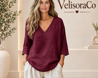 Linen Cotton V-Neck Top, 3/4 Sleeve Relaxed Fit Blouse, Summer Casual Shirt