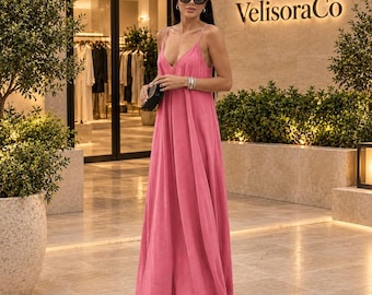 Elegant V-Neck Maxi Slip Dress, Flowy Summer Wedding Guest Outfit