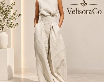 Linen Blend Wide Leg Jumpsuit, Sleeveless Mock Neck Palazzo Set, Elegant Summer Outfit