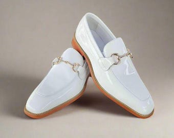 Bespoke White Leather Horsebit Loafers, Handmade Slip-On Dress Shoes