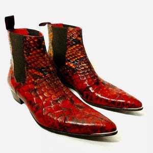 Red Python Leather Chelsea Boots _ Handmade Mens Western Ankle Dress Boots Luxury Fashion