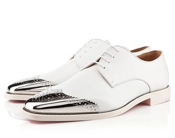 Scarpe Derby da uomo Christian Louboutin in pelle di vitello bianca - Scarpe eleganti con punta in metallo argentato