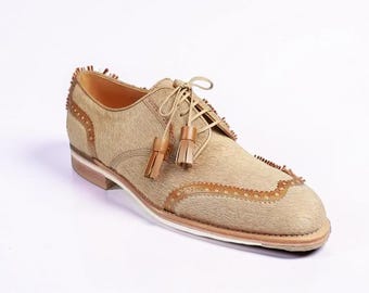 Zapatos Oxford de hombre con borla Kiltie hechos a mano, de lujo, con pelo de becerro auténtico, estilo brogue y puntera alada.