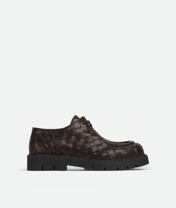 Bottega Veneta, Bottega Veneta Woven Leather Men Dark Brown Shoes _ Handmade Lug Sole Moc Toe Derbies