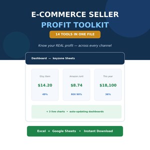 May include: A digital dashboard titled E-COMMERCE SELLER PROFIT TOOLKIT with 14 tools in one file. It displays financial data including Etsy item profit of $14.20, Amazon unit profit of $8.74, and a yearly total of $18,100. Includes Excel and Google Sheets.