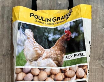 Repurposed “Poulin Egg Producter +” Chicken Feed Tote Bag
