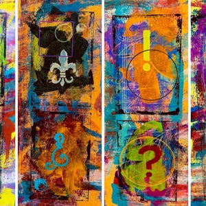 May include: A four-panel abstract painting featuring vibrant layers of yellow, blue, orange, and purple paint. The composition includes graphic elements like the letter A, a fleur-de-lis, an exclamation point, a question mark, and the number 24.